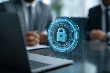 A digital lock icon hologram representing cybersecurity is displayed over a laptop with blurred businessmen in suits in the background, symbolizing data protection