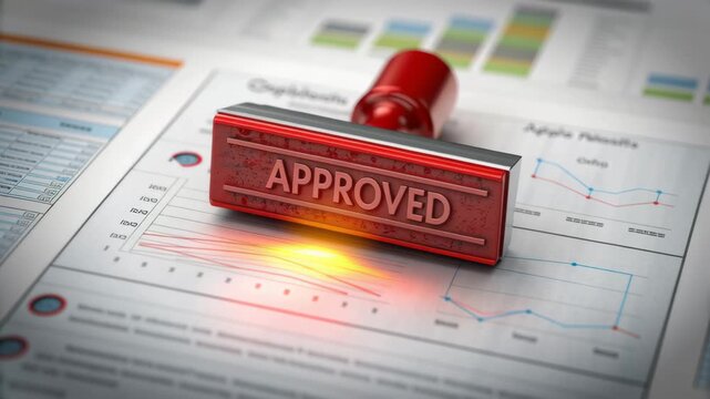 FDA approval concept ,Red Rubber Stamp Approved Document with Graphs, Symbolizing Business Success and Validation of Financial