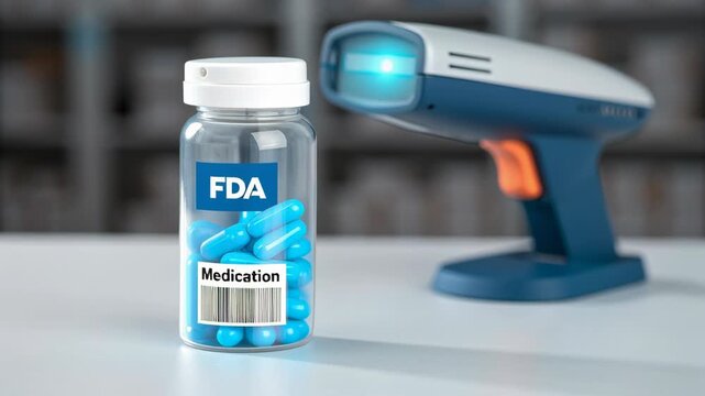 FDA approval concept ,Medication Bottle Featuring Blue Pills and Barcode Scanner for Pharmacy Inventory Management and Safety