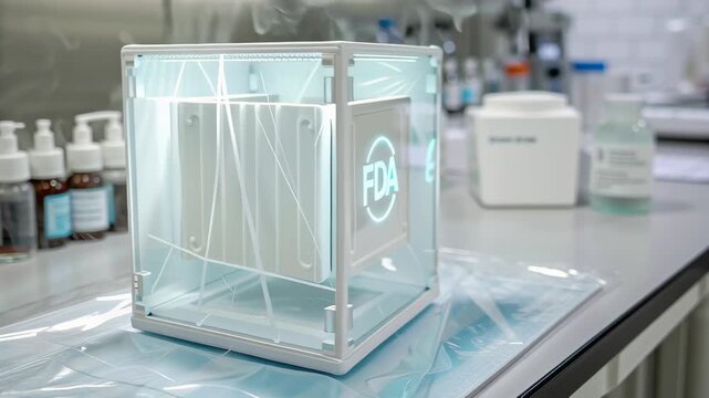 FDA approval concept ,Illuminated Display Case Showcasing FDA Laboratory Equipment Science Environment with Enhanced Illumination