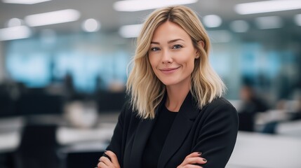 Confident professional woman smiling in a modern corporate office setting during a busy workday