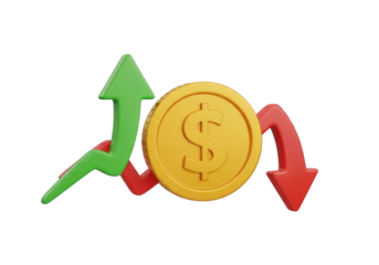 A 3D Render of a Gold Coin with a Dollar Sign, Flanked by a Green Upward Arrow and a Red Downward Arrow, All on a Transparent Backdrop for Easy Integration