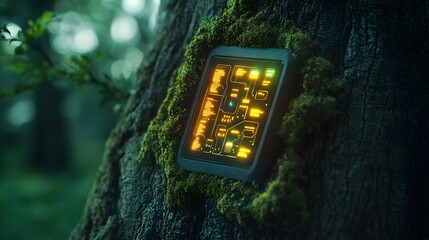 Futuristic Device Embedded in Tree with Mossy Surroundings