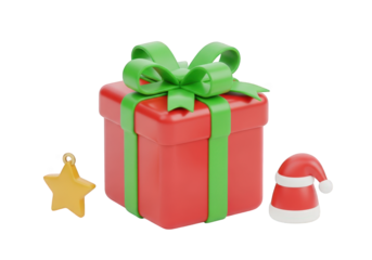 A Delightful Red Gift Box with a Green Ribbon and Bow, Accompanied by a Golden Star Ornament and a Festive Santa Hat, Set Against a Transparent Backdrop