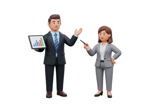 Dynamic Business Presentation Duo Showcasing Growth Charts on a Tablet with Confident Gestures Against a Transparent Backdrop for Corporate Success and Teamwork