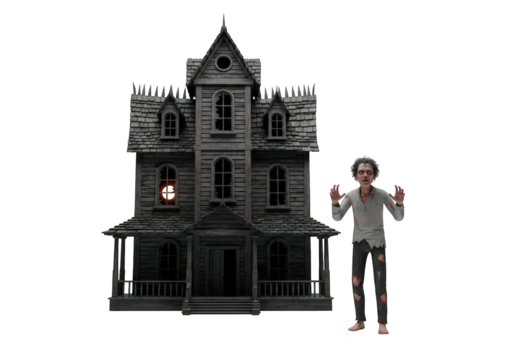Creepy 3D Haunted House with Zombie Illustration: A Dark and Eerie Scene Featuring a Spooky Building and Undead Character, Isolated on Transparent Background