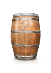 Fototapeta premium wooden barrel with metal rims is isolated on a transparent background