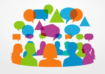 Group of diverse people and colorful speech bubbles, perfect for social media marketing campaigns, diversity and inclusion presentations.