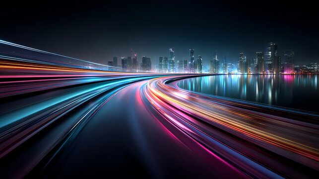 Futuristic city skyline at night with vibrant, colorful light trails curving over a reflective water surface, blending urban architecture with dynamic motion and neon hues