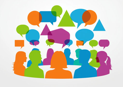 Group of diverse people and colorful speech bubbles, perfect for social media marketing campaigns, diversity and inclusion presentations.
