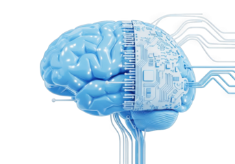 A Futuristic Brain with Integrated Circuitry and Data Cables, Representing Artificial Intelligence and Advanced Technology in a Detailed 3D Rendered Image