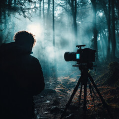 Fototapeta premium Filmmaker shooting a fantasy short film in a mystical forest, dramatic lighting effects, ethereal fog rolling through trees, storytelling cinematography, isolated stock photography concept. 