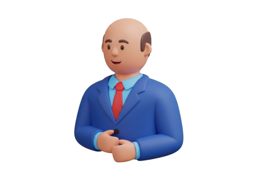 A 3D Rendering of a Bald Businessman in a Blue Suit with a Red Tie, Hands Clasped, Set Against a Transparent Background, Suitable for Corporate and Professional Themes