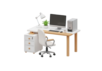 Detailed 3D Rendering of a Modern Office Workspace Featuring a Desk, Computer, Chair, and Accessories, Ideal for Business and Productivity Visuals