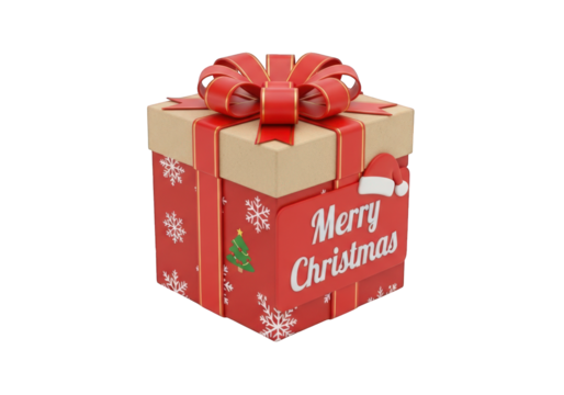 Festive Gift Box with a Red Bow and a 'Merry' Tag, Set Against a Transparent Background, Ideal for Holiday Greetings and Gift-Giving Concepts