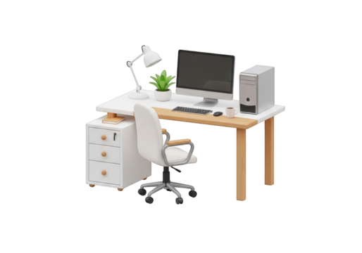Detailed 3D Rendering of a Modern Office Workspace Featuring a Desk, Computer, Chair, and Accessories, Ideal for Business and Productivity Visuals - Powered by Adobe