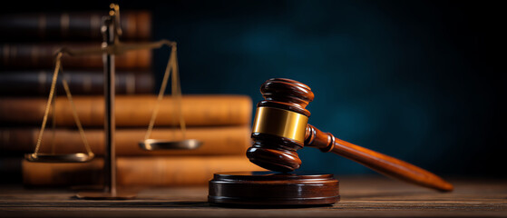 Wooden judge's gavel resting on a sound block with a blurred background of legal books and a brass balance scale symbolizing justice and law