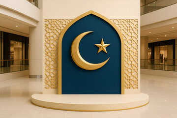 Clean and elegant Islamic decorative installation featuring a golden crescent and star within a blue and gold arch framed by geometric patterns, set inside a modern shopping mall atrium with soft ambi