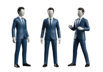 Three Businessmen in Blue Suits Standing Confidently on Transparent Background, Ideal for Corporate Presentations and Professional Visuals