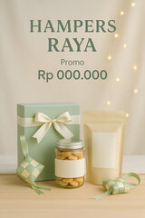 Clean ecommerce mockup of festive Raya hampers on a wooden table with ketupat decoration and dreamy bokeh lights, pastel sage and cream color palette.