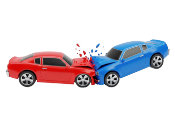 Car Crash Accident 3D Render on Transparent Background, Featuring a Red and Blue Vehicle Collision, Suitable for Insurance and Safety Awareness Campaigns