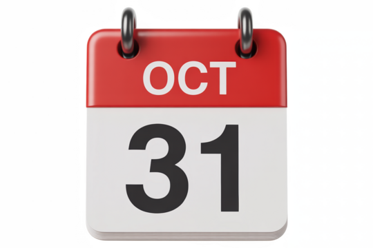 October 31st Calendar Page with Low Feedback Design for Halloween Season Planning and Scheduling, a Reminder of the Date on a Transparent Backdrop