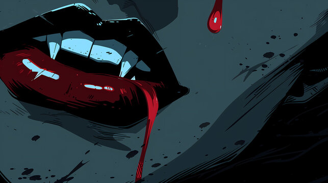 Stylized Vampire Lips with Blood Drip in Dark Graphic Illustration &ndash; Close-Up Horror Art