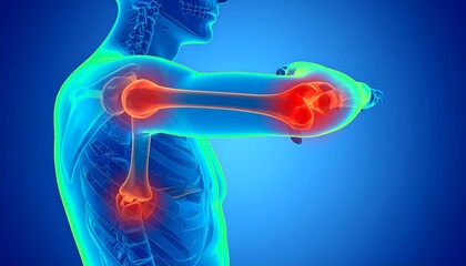 A medical illustration displays a detailed anatomy of the human arm and shoulder joints, highlighting areas of potential pain or inflammation with vibrant colors.