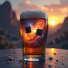 Cosmic beer with microchips in frothy glass at stunning desert sunset.