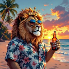 Regal lion in crown and sunglasses holding beer on tropical beach at sunset.