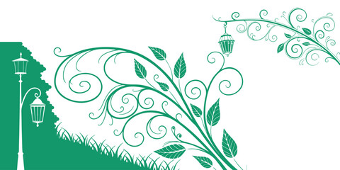 Elegant teal floral swirls and lanterns decorative border design element silhouette