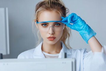 Blonde female scientist wearing protective eyewear and blue gloves, adjusting glasses while focused on lab equipment in a modern, clean laboratory setting