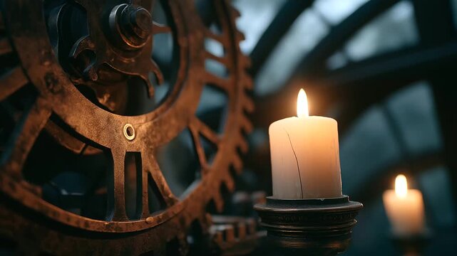 A dimly lit tower clock room filled with intricate gears and flickering candlelight, evoking a spooky Halloween atmosphere with eerie shadows, haunted mystery and gothic charm.