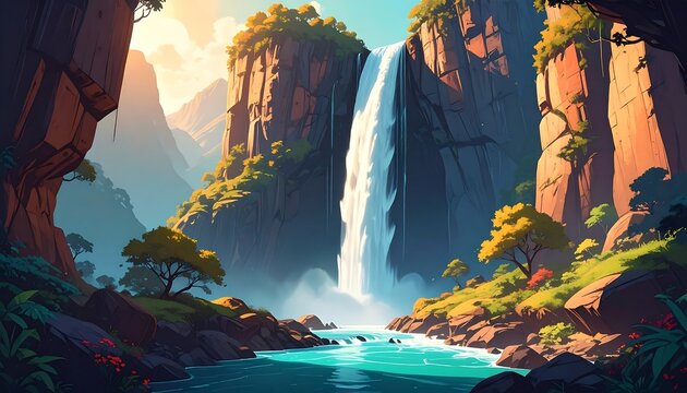 Colorful Waterfall Gorge with Lush Vegetation and Majestic Cliffs.