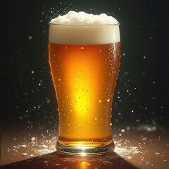 Refreshing golden beer with frothy head in a glistening glass on a dark surface.
