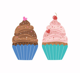 Set of cakes with hearts and cherries. Sweets day. Food, baking, chocolate cream, dessert. Sweet cream cake. Valentine's day, wedding, holiday decor.