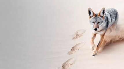 Obraz premium A desert fox darting through sand dunes, birdâ€™s-eye view, small pawprints trailing behind, warm tones and motion