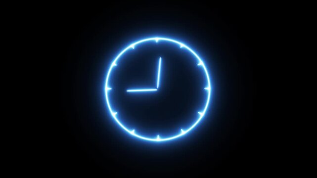 Glowing blue clock counting down the time on a black background adding a sense of urgency and neon