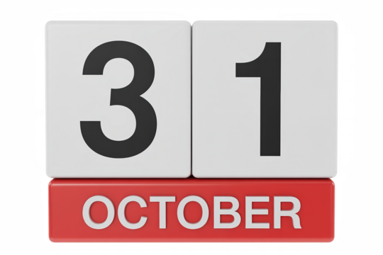 October 31st Date Block Display with Low Feedback White Cubes on Transparent Backdrop for Calendar, Schedule, and Event Planning Visuals