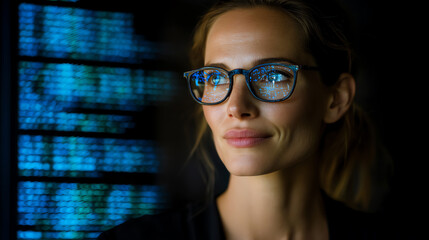 Woman wearing glasses with digital code reflections, focused on computer screen in a dark environment, representing technology and programming