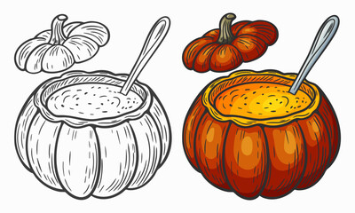 Hand drawn sketch style illustration of creamy pumpkin soup in a pumpkin bowl. Outline style and colored