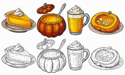 Hand drawn sketch style illustration of autumn pumpkin food and drinks. Perfect for seasonal desig Thanksgiving, and fall harvest themes. Colored version