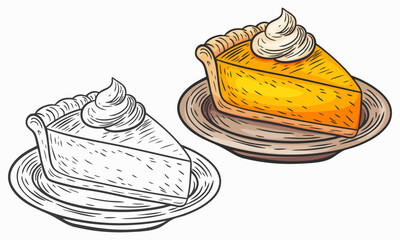 Hand drawn sketch style illustration of pumpkin pie. Outline style and colored