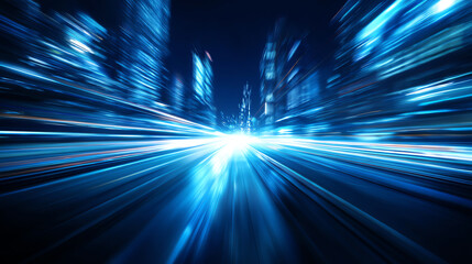 Blurred blue light trails speeding through a futuristic cityscape at night, creating a dynamic sense of motion and high technology