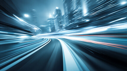 City street at night with light trails showing motion blur from fast-moving vehicles, surrounded by illuminated skyscrapers in a futuristic urban setting