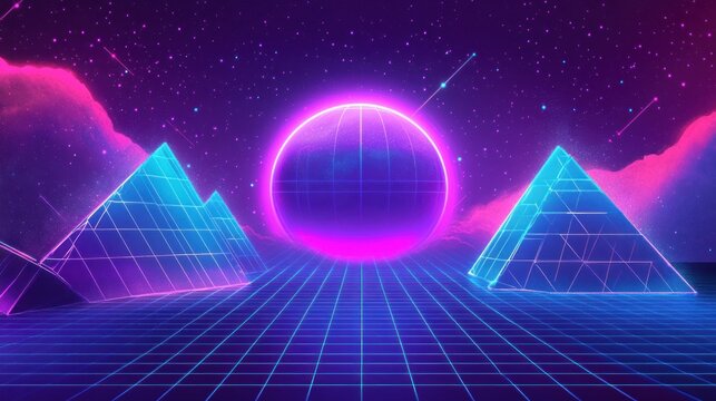 Retro futuristic synthwave landscape with pyramids, neon glow, and grid.