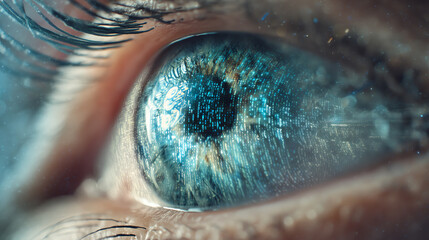 Close-up of a human eye with digital data and blue light patterns reflected on the iris, symbolizing technology, digital vision, and futuristic concepts