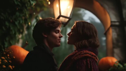 A couple shares a romantic kiss under a rain-soaked archway adorned with pumpkins and lanterns, evoking a spooky Halloween atmosphere with autumn charm and haunted romance.