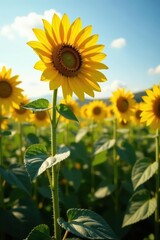 Obraz premium Lone sunflower bravely stands, head high, amidst bowed brethren , vibrant, background, stem