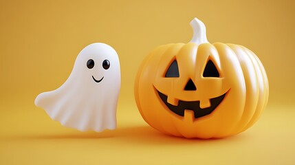 Cute ghost and pumpkin on yellow background